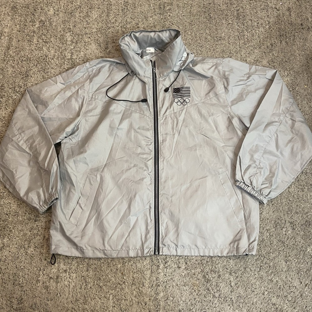 Olympic USA Mens Windbreaker XL Jacket America Logo Silver Gray Hideaway Hoodie
